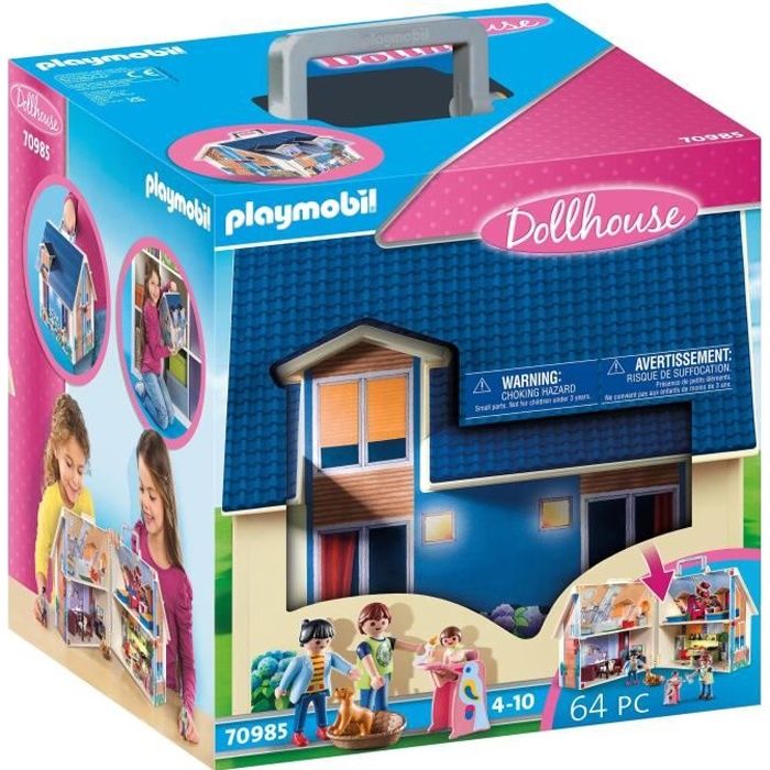 PLAYMOBIL Maison Transportable Bleue, 3 personnages, Accessoires inclus, 70985, Dollhouse, La maison traditionnelle