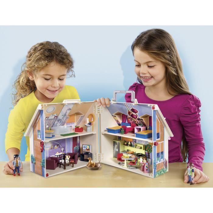 PLAYMOBIL Maison Transportable Bleue, 3 personnages, Accessoires inclus, 70985, Dollhouse, La maison traditionnelle