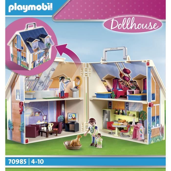 PLAYMOBIL Maison Transportable Bleue, 3 personnages, Accessoires inclus, 70985, Dollhouse, La maison traditionnelle