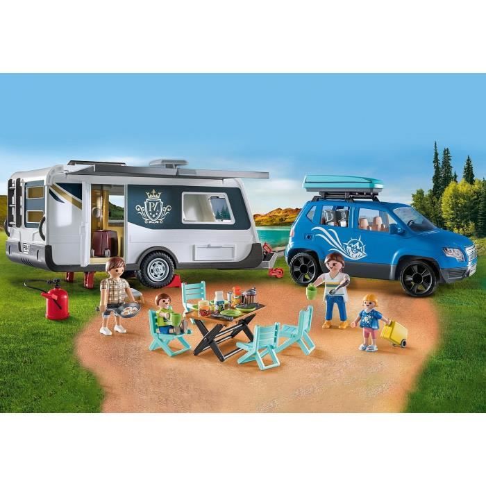 PLAYMOBIL 71423 Famille avec voiture et caravane - Contient 3 personnages, du mobilier et de nombreux accessoires.