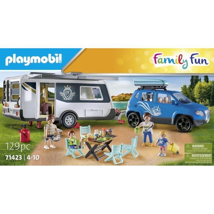 PLAYMOBIL 71423 Famille avec voiture et caravane - Contient 3 personnages, du mobilier et de nombreux accessoires.