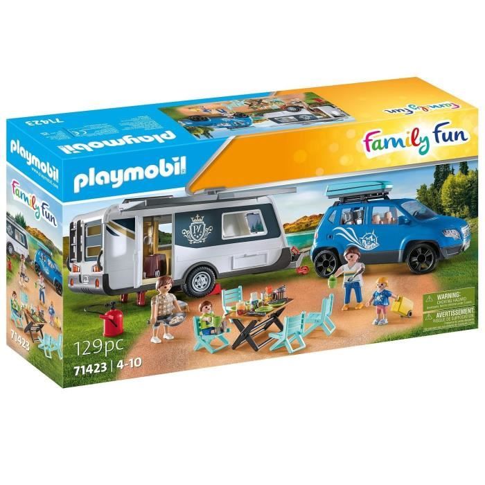 PLAYMOBIL 71423 Famille avec voiture et caravane - Contient 3 personnages, du mobilier et de nombreux accessoires.