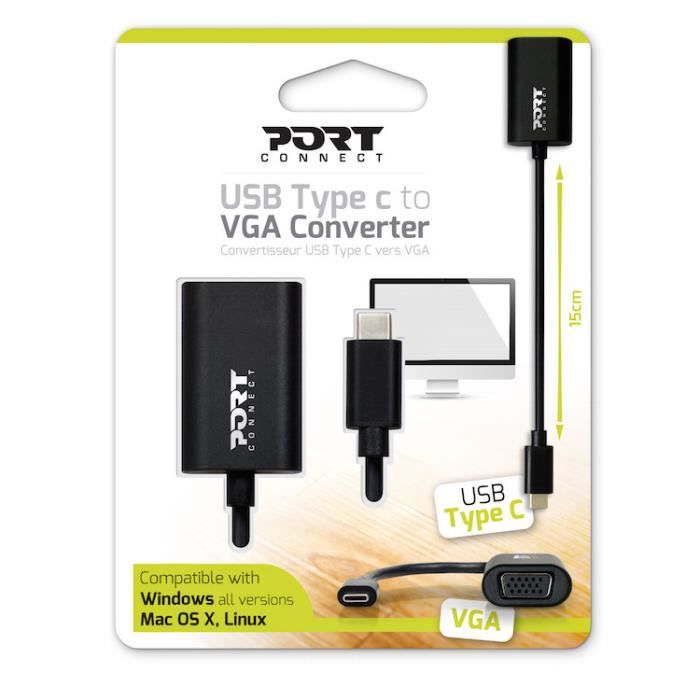 Adaptateur USB-C vers VGA - PORTDESIGNS - 15 cm - Compatible Windows/Mac/Linux - Noir