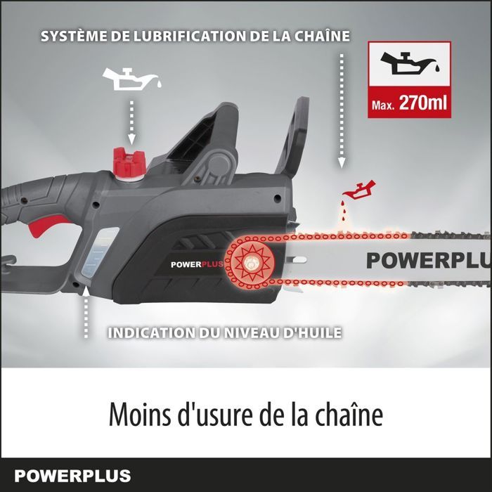 Powerplus Tronçonneuse Électrique POWEG10110 - 2200 W, Guide de 400 mm, Lubrification Automatique de Chaîne, Outillage de Jardin