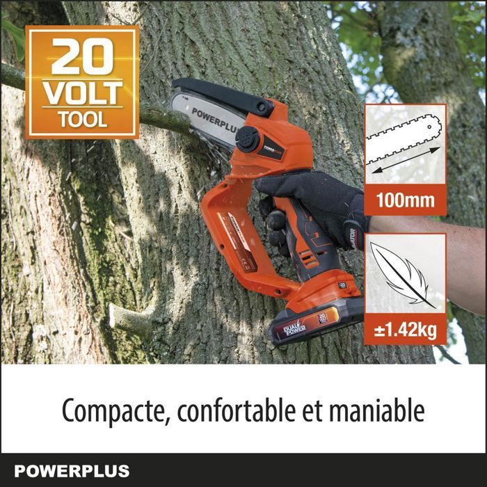 Dual Power Tronçonneuse a Batterie POWDPG7572, 20 V,  Guide de 100 mm a 14 Dents sans Batterie ni Chargeur