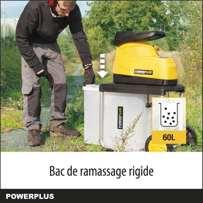 Powerplus Broyeur de Végétaux Électrique POWXG6462 - 2800 W, Max. Ø45 mm, Poussoir, Roues et Sac de Ramassage de 60 l Inclus