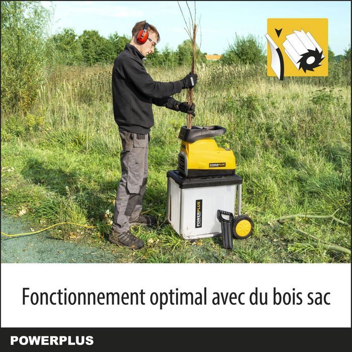 Powerplus Broyeur de Végétaux Électrique POWXG6462 - 2800 W, Max. Ø45 mm, Poussoir, Roues et Sac de Ramassage de 60 l Inclus