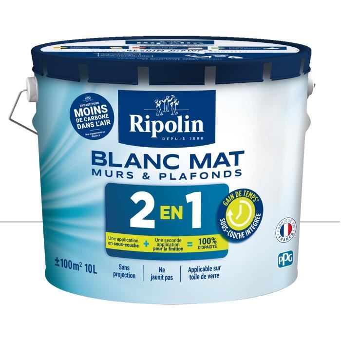 RIPOLIN MUR ET PLAFOND BI COUCHE  2EN1 ACRYL BLANC MAT 10 L