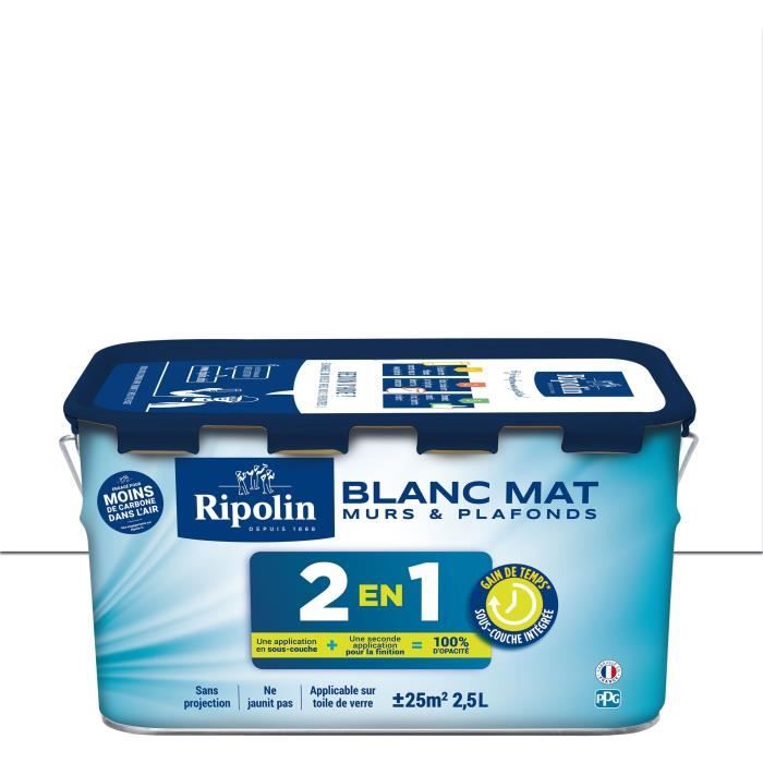 Peinture 2 en 1 murs et plafonds - Blanc mat - RIPOLIN - 2,5 L