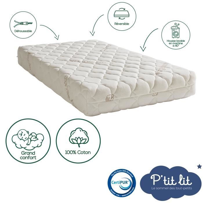 Matelas Bébé Coton Bio - 70x140x10 cm - 100% Coton - Déhoussable - Sans traitement chimique