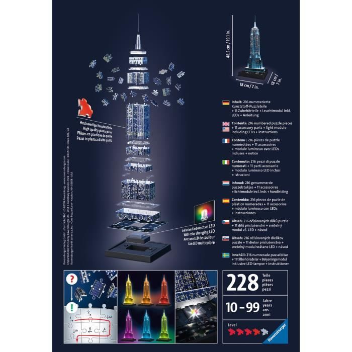 Puzzle 3D Empire State Building illuminé - Ravensburger - 216 pieces - LEDS couleur - Des 10 ans