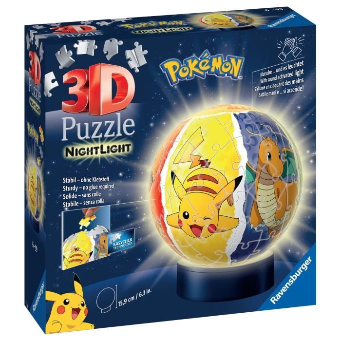 Puzzle 3D Ball illuminé Pokémon - Ravensburger - 72 pieces numérotées - Socle lumineux - A partir de 6 ans