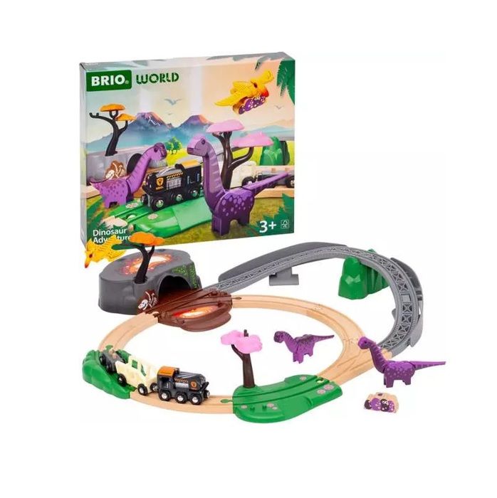 BRIO Circuit Aventure Dinosaure 21 pieces - Action de Jeu sans Pile - Dinosaures Inclus - Circuit de Train en Bois - Brio World