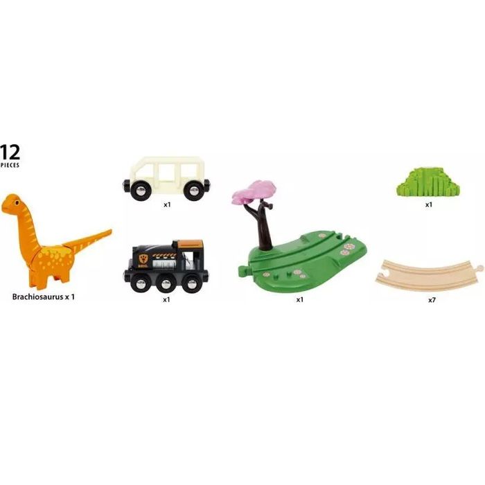 Circuit Dinosaure - Coffret Complet 12 pieces - Action de Jeu sans Pile - Dinosaure Inclus - Circuit de Train en Bois - BRIO World