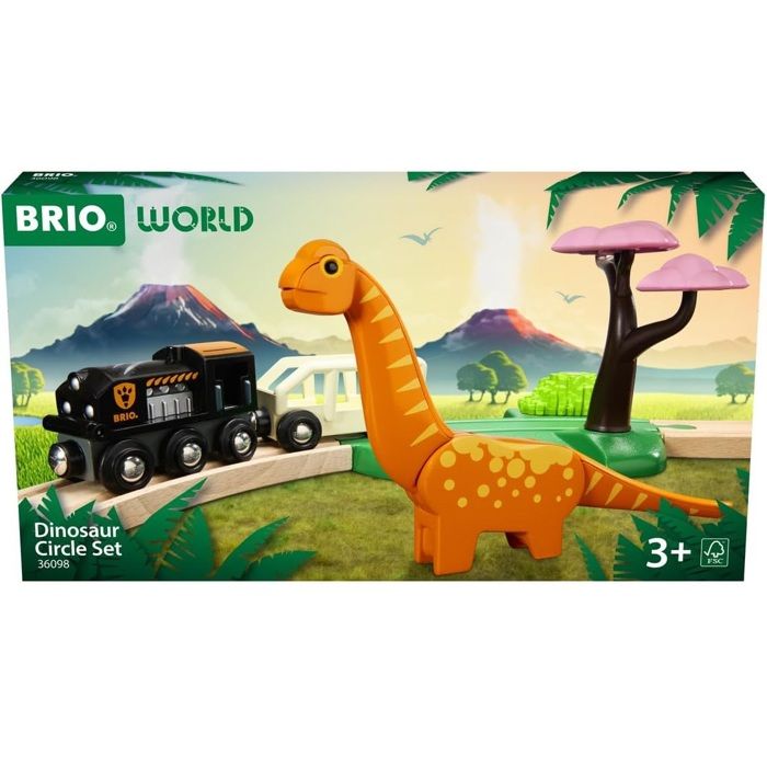 Circuit Dinosaure - Coffret Complet 12 pieces - Action de Jeu sans Pile - Dinosaure Inclus - Circuit de Train en Bois - BRIO World