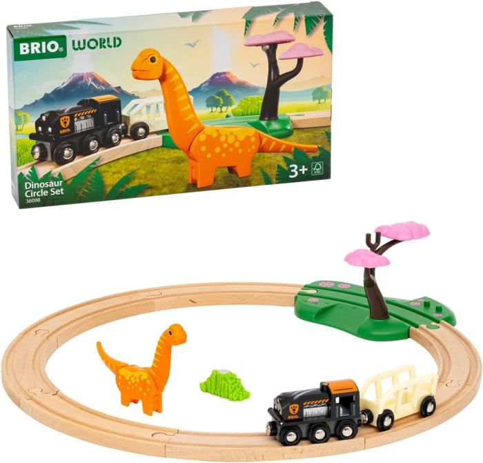 Circuit Dinosaure - Coffret Complet 12 pieces - Action de Jeu sans Pile - Dinosaure Inclus - Circuit de Train en Bois - BRIO World