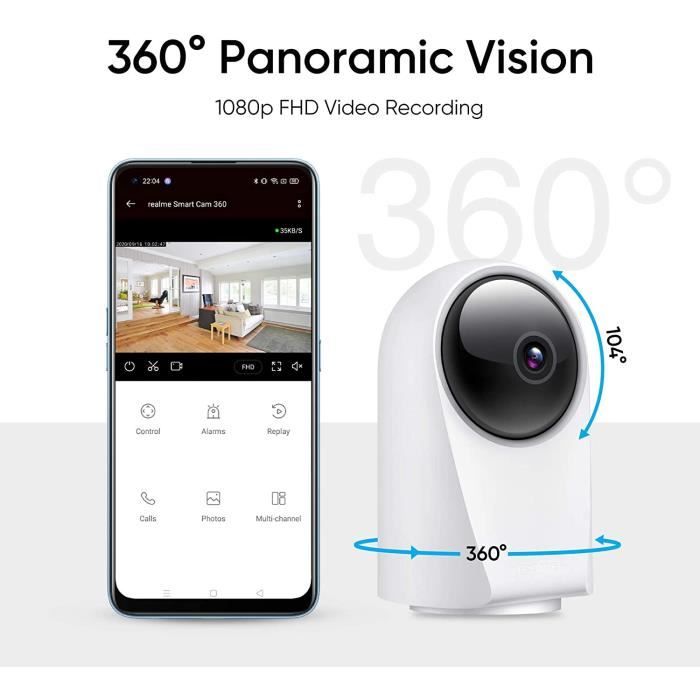 Caméra de surveillance REAL ME SMART - Vision a 360° - Infrarouge - Détection de mouvement - Blanc