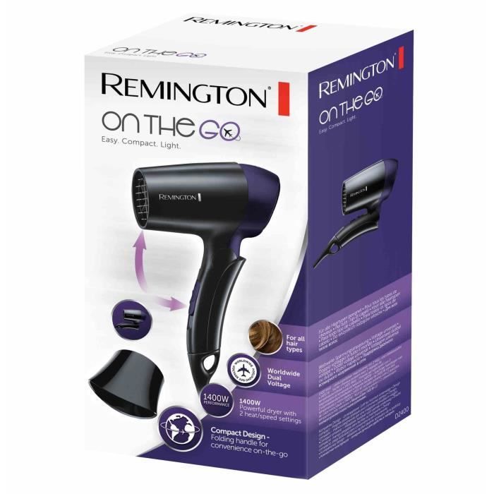 Remington D2400 Seche-Cheveux Voyage 1400W On The Go, Poignée Pliable, Compact Facile a Transporter