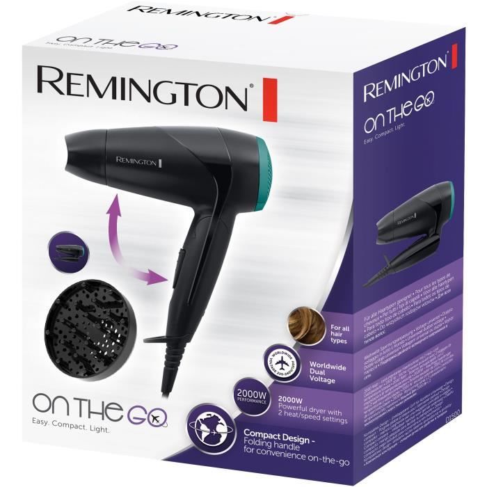 Remington D1500 Seche-Cheveux de Voyage Puissant 2000W On The Go, Poignée Pliable, Ultra Compact