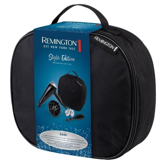 Coffret seche-cheveux Style Edit Remington D3171GP  2200W - Vanity de rangement,Diffuseur, Brosse plate et Chouchou en soie