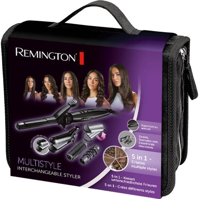 Multistyler 5en1 - Remington S8670 Lisse, Boucle, Ondule, Spirale, Gaufre - 4 embouts interchangeables, pinces a cheveux, mallette