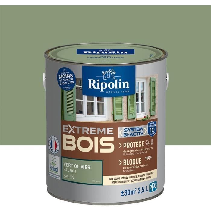 RIPOLIN Peinture pour bois intérieur et extérieur - Vert olivier Ral 6021 satin - 2,5 L