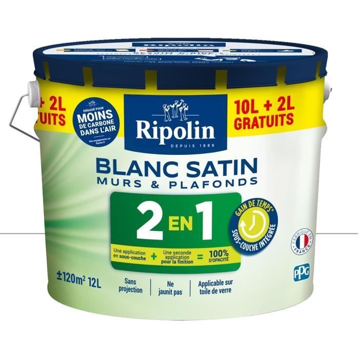 Peinture Murs et Plafonds 2 en 1 Blanc Satin Ripolin 10L + 2L gratuits