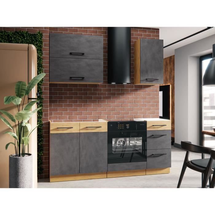 Cuisine complete ROCK L180 cm - 5 éléments + meuble four - Mélaminé décor chene lancelot et gris matera - Plan de travail non