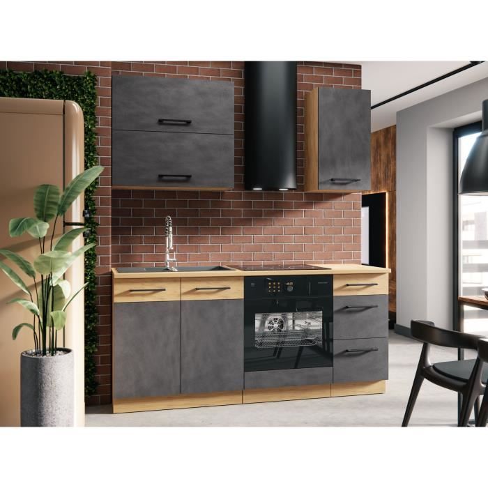 Meuble casserolier ROCK - Mélaminé décor chene lancelot et gris matera - 3 tiroirs - L60 x H82 cm