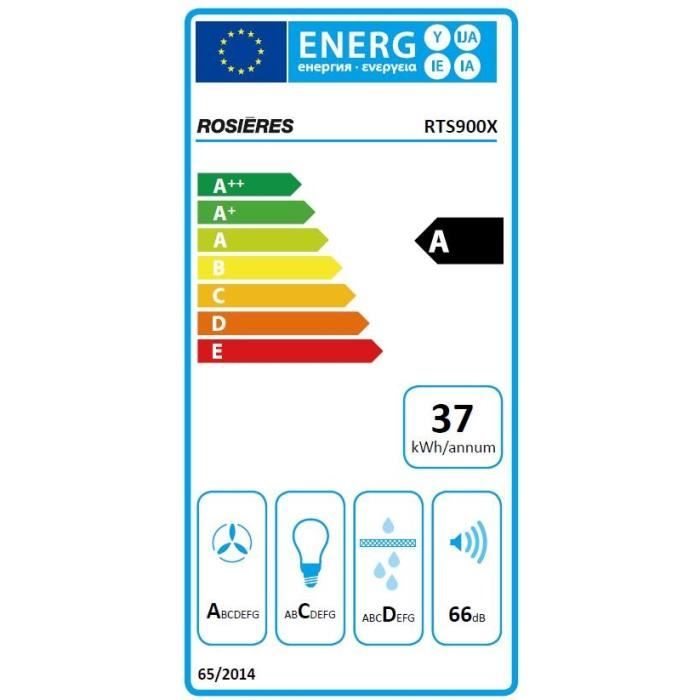 Hotte décorative ROSIeRES RTS900X - L 90 cm - Inox - 66 dB - 4 vitesses - Classse A - Eclairage LED