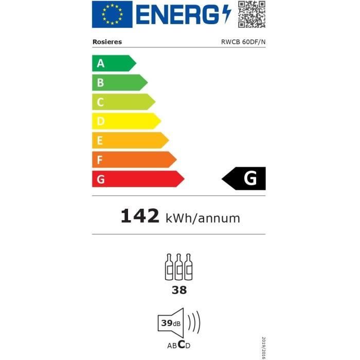 Cave a vin de vieillissement encastrable - ROSIERES - RWCB 60DF/N - 38 bouteilles - Classe G - Deux zones de température - Tactiles