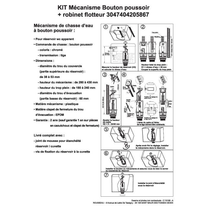 Mécanisme chasse d'eau ajustable ROUSSEAU avec robinet flotteur pour réservoir WC apparent et encastré