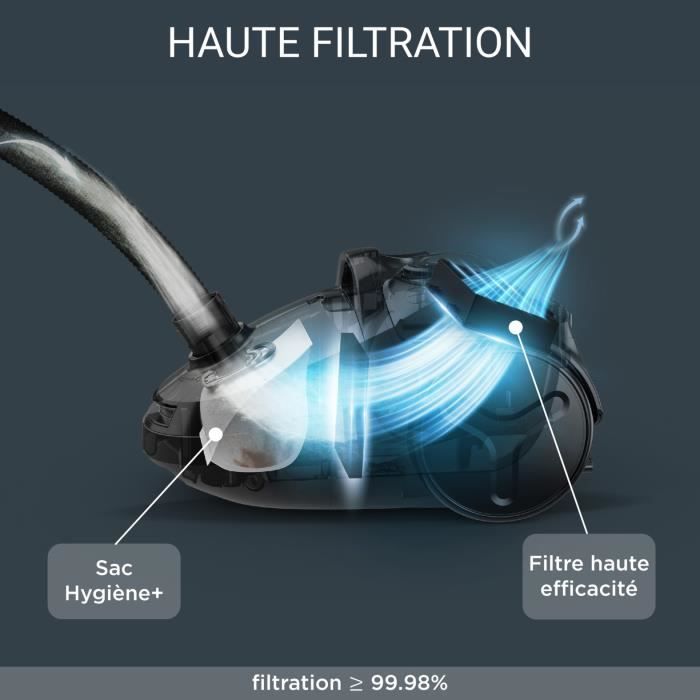 ROWENTA Compact Power Aspirateur avec sac, 3 L, 900 W max, 75 dB(A), Compact, Sac Hygiene+, Rayon d'action 8,8 m, Noir RO3945EA