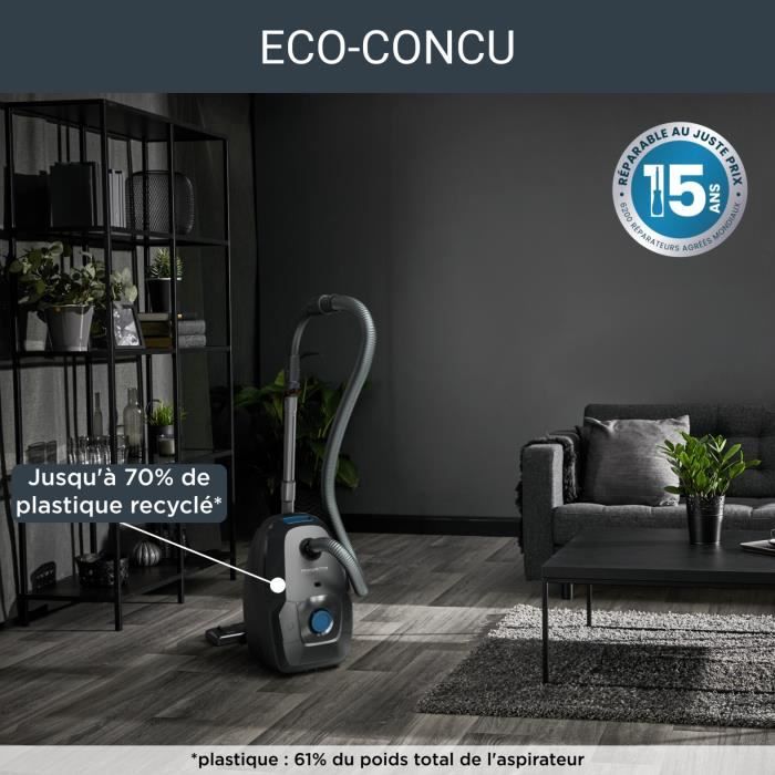 ROWENTA Green Force Max Silence Aspirateur avec sac, 4,5 L, 900 W max, 65 dB(A), Eco-responsable, Fabriqué en France, Noir RO6136EA