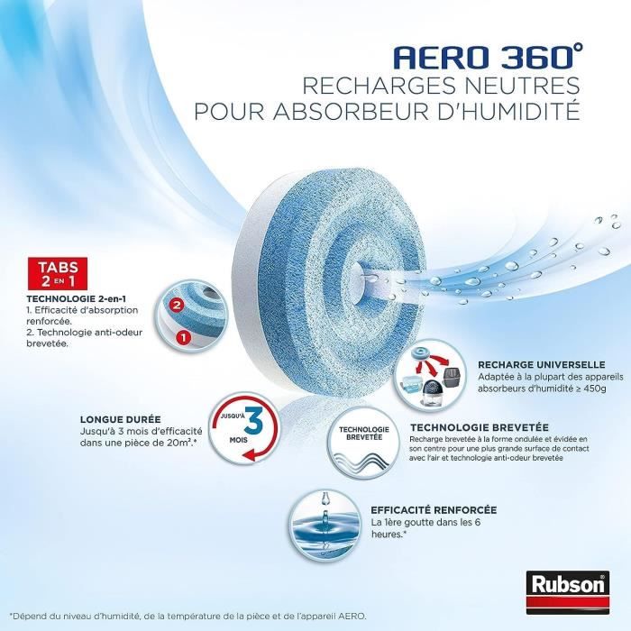 Recharge Aero 360 Neutre pour absorbeur d'humidité RUBSON - Lot de 12 recharges