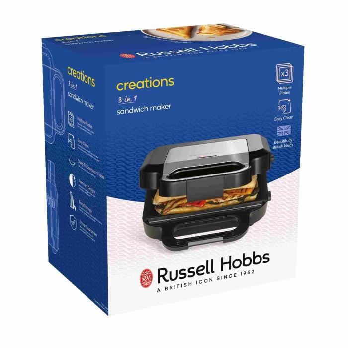 Appareil a sandwich 3 en 1 - RUSSELL HOBBS - 26810-56 - 750 W - 3 plaques amovibles - Noir mat / Acier