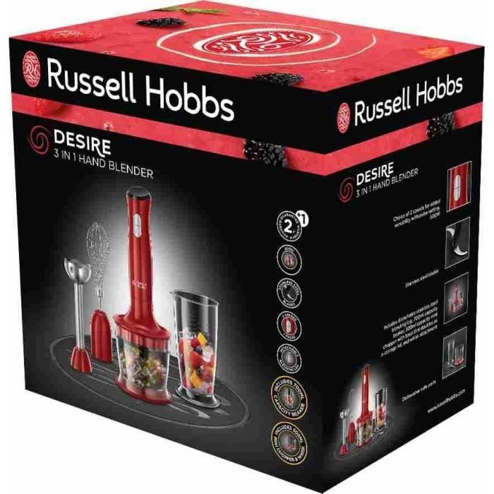 Mixeur plongeant 3 en 1 - RUSSELL HOBBS - Desire 24700-56 - 500 W - Pied inox - Bol hachoir 0.5 L - Fouet - 2 vitesses