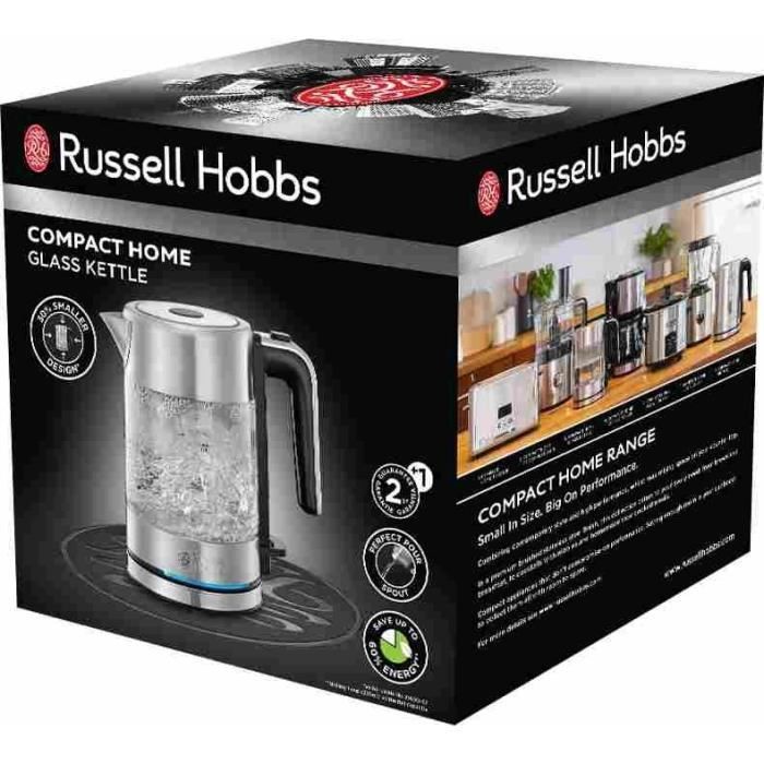 Bouilloire en Verre - RUSSELL HOBBS - Compact Home - 0.8 L - 2200 W - Économie d'énergie - Éclairage LED - Ouverture automatique