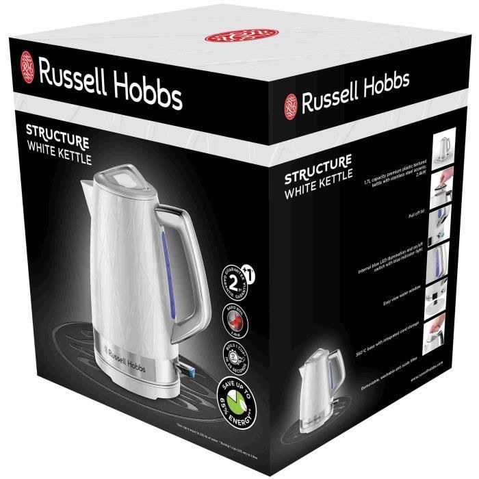 Bouilloire - RUSSELL HOBBS - Structure Blanc - 2400 W - 1.7 L - Zones d'ébullition rapide - Économie d'énergie - Éclairage LED