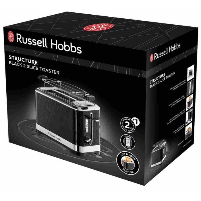 Grille-Pain - RUSSELL HOBBS - Structure Noir - 1500 W - Fentes extra larges - Technologie Lift'n Look, réchauffage, décongélation