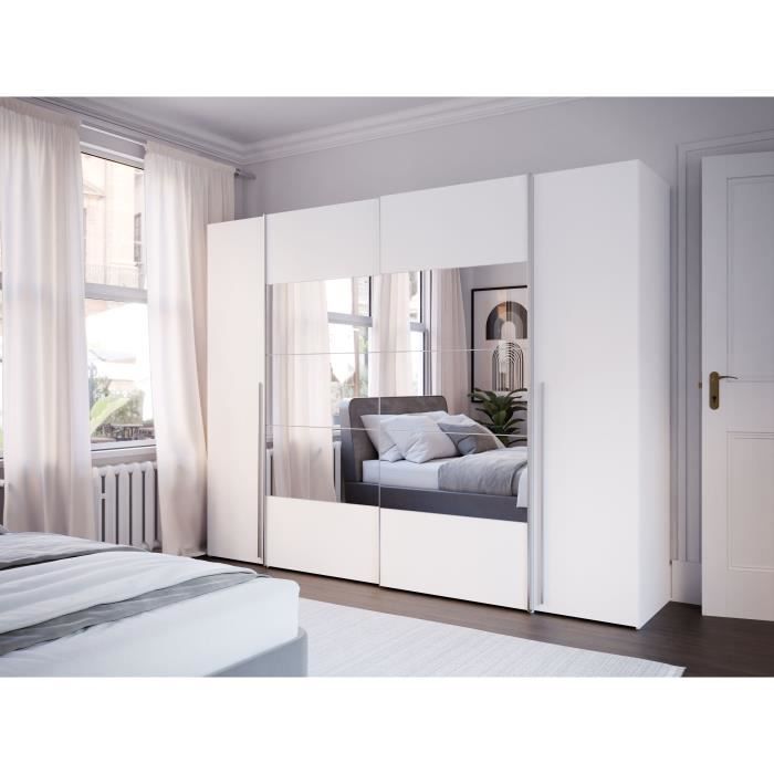 Armoire NARAGO - Décor Blanc mat - 2 portes coulissantes + miroir + 2 portes battantes + 2 penderies - L270 x P61 x H210 cm