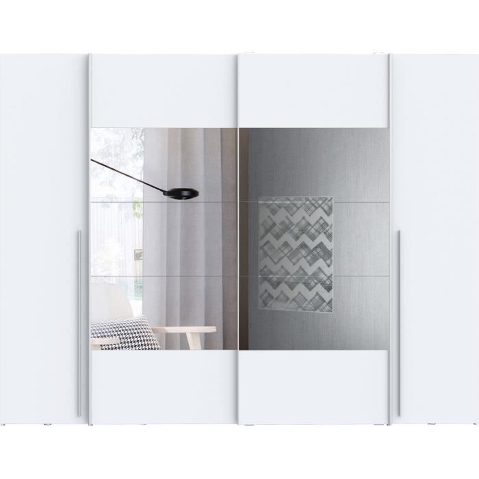 Armoire NARAGO - Décor Blanc mat - 2 portes coulissantes + miroir + 2 portes battantes + 2 penderies - L270 x P61 x H210 cm