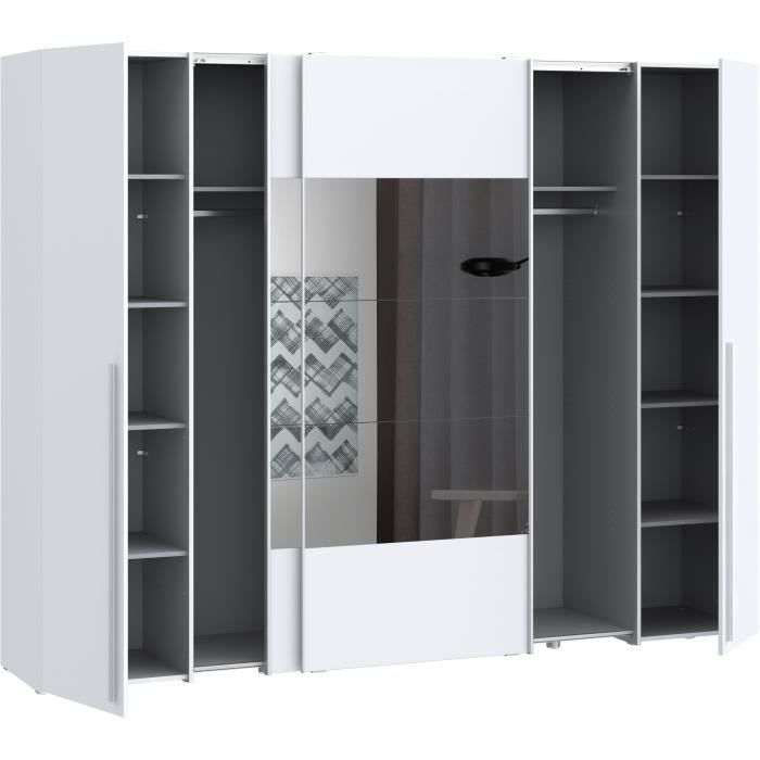 Armoire NARAGO - Décor Blanc mat - 2 portes coulissantes + miroir + 2 portes battantes + 2 penderies - L270 x P61 x H210 cm