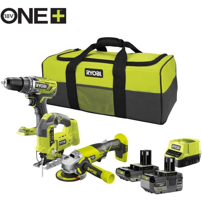 RYOBI 3 outils : 1 perceuse-visseuse R18DD3 + 1 meuleuse 115 mm + 1 scie sauteuse + 2 batteries 4 Ah & 2 Ah + 1 chargeur & 1 sac