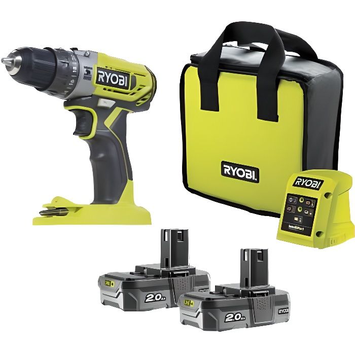 RYOBI - Perceuse a percussion compacte 18V ONE+ - 40 Nm - mandrin 10 mm + 2 batteries 2,0 Ah, chargeur, sac - R18PD2-220S