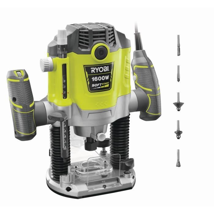 RYOBI - Défonceuse 1 600 W - 10 000-26 000 tr/min - pinces 8/6 mm - 5 fraises incluses - Livrée en coffret - RRT1600-K