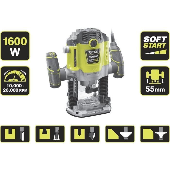 RYOBI - Défonceuse 1 600 W - 10 000-26 000 tr/min - pinces 8/6 mm - 5 fraises incluses - Livrée en coffret - RRT1600-K