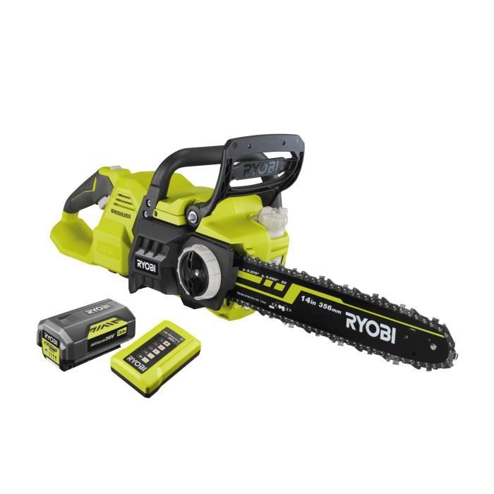 RYOBI - Tronçonneuse 36V MAXPOWER Brushless- guide 35 cm - 21 m/s - tendeur sans outil + batterie 5,0 Ah & chargeur - RY36CSX35A-150