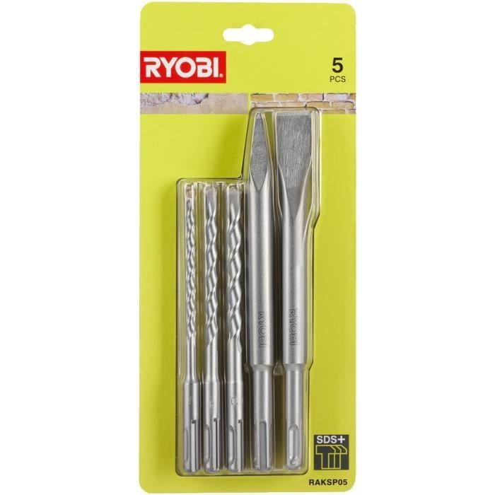 RYOBI - Kit 3 forets (6 mm, 8 mm, 10 mm) et 2 burins SDS+ (1 pointe et 1 plat) - RAKSP05