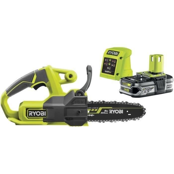 RYOBI - Tronçonneuse compacte 18V ONE+ - guide 20 cm - 4,6 m/s - tendeur latéral + batterie 2,5 Ah et chargeur 1,5 A - RY18CS20A-125